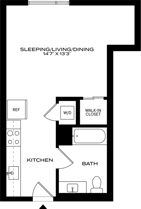 A floor plan of a small apartment with a sleeping area, kitchen, bathroom, and a walk-in closet at 1915 Park, Los Angeles, CA 90026