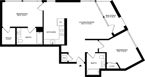 A black and white image of a floor plan for a home with two bedrooms, a living area, a kitchen, a bathroom, and a walk-in closet at 1915 Park, Los Angeles, CA 90026