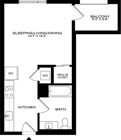 A floor plan of a home with a sleeping area, kitchen, and bathroom at 1915 Park, Los Angeles, CA 90026