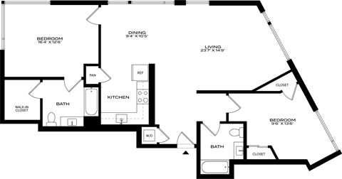 A floor plan of a house with two bedrooms, a living room, a dining room, a kitchen, a bathroom, and a walk-in closet at 1915 Park, Los Angeles, CA 90026