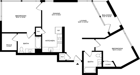 A floor plan of a house with two bedrooms, a living room, a dining room, a kitchen, a bathroom, a walk-in closet, and a workspace at 1915 Park, Los Angeles, CA 90026