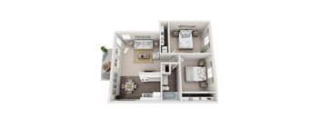 A 3D floor plan of a small apartment with a kitchen, living room, and two bedrooms.