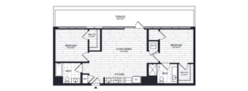 A black and white floor plan of a house with a living room, two bedrooms, a bathroom, a kitchen, a study, a terrace, and a walk-in closet.