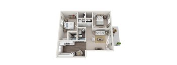 A 3D floor plan of a small apartment with two bedrooms, a living room, and a kitchen.