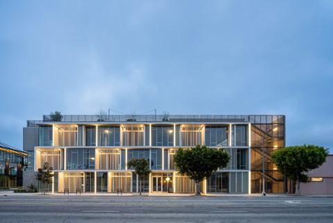 A modern building with a glass facade and a tree in front of it.