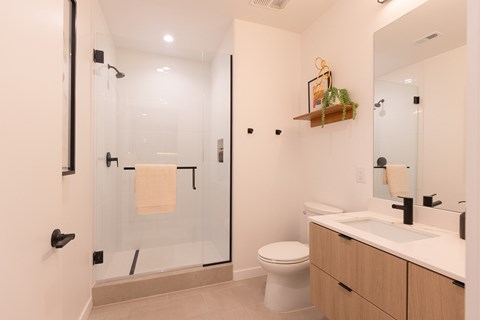 A bathroom with a toilet, sink, and shower.