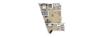 A top-down view of a house layout with a kitchen, living room, and bedrooms.