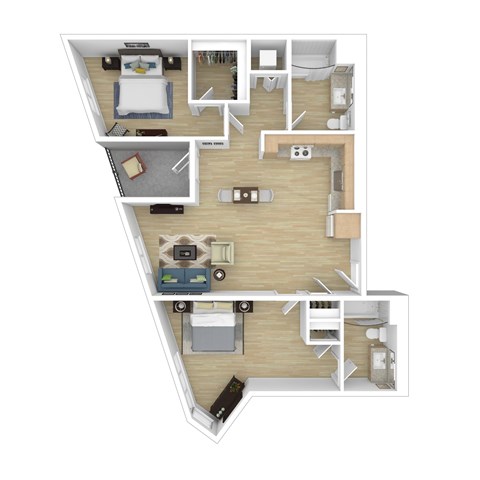 A top-down view of a house layout with a kitchen, living room, and bedrooms.