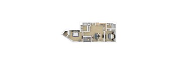 A top down view of a house layout with a kitchen, living room, and two bedrooms.