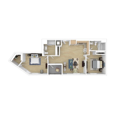 A top down view of a house layout with a kitchen, living room, and two bedrooms.