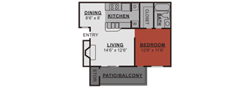 A floor plan of a house with a living room, dining room, kitchen, and bathroom.