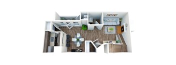 A 3D floor plan of a house with a living room, kitchen, and bedrooms.