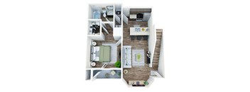 A white and wood floor plan of a small apartment with a kitchen, living room, and bedroom.