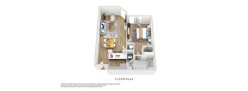 A floor plan of a house with a kitchen, living room, dining room, and bathroom.