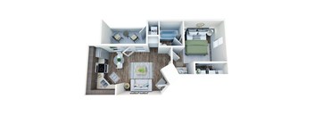 A 3D floor plan of a small apartment with a living room, kitchen, and bathroom.