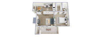 A top-down view of a well-furnished apartment.