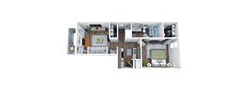 A 3D floor plan of a small apartment with a kitchen, living room, and bedroom.