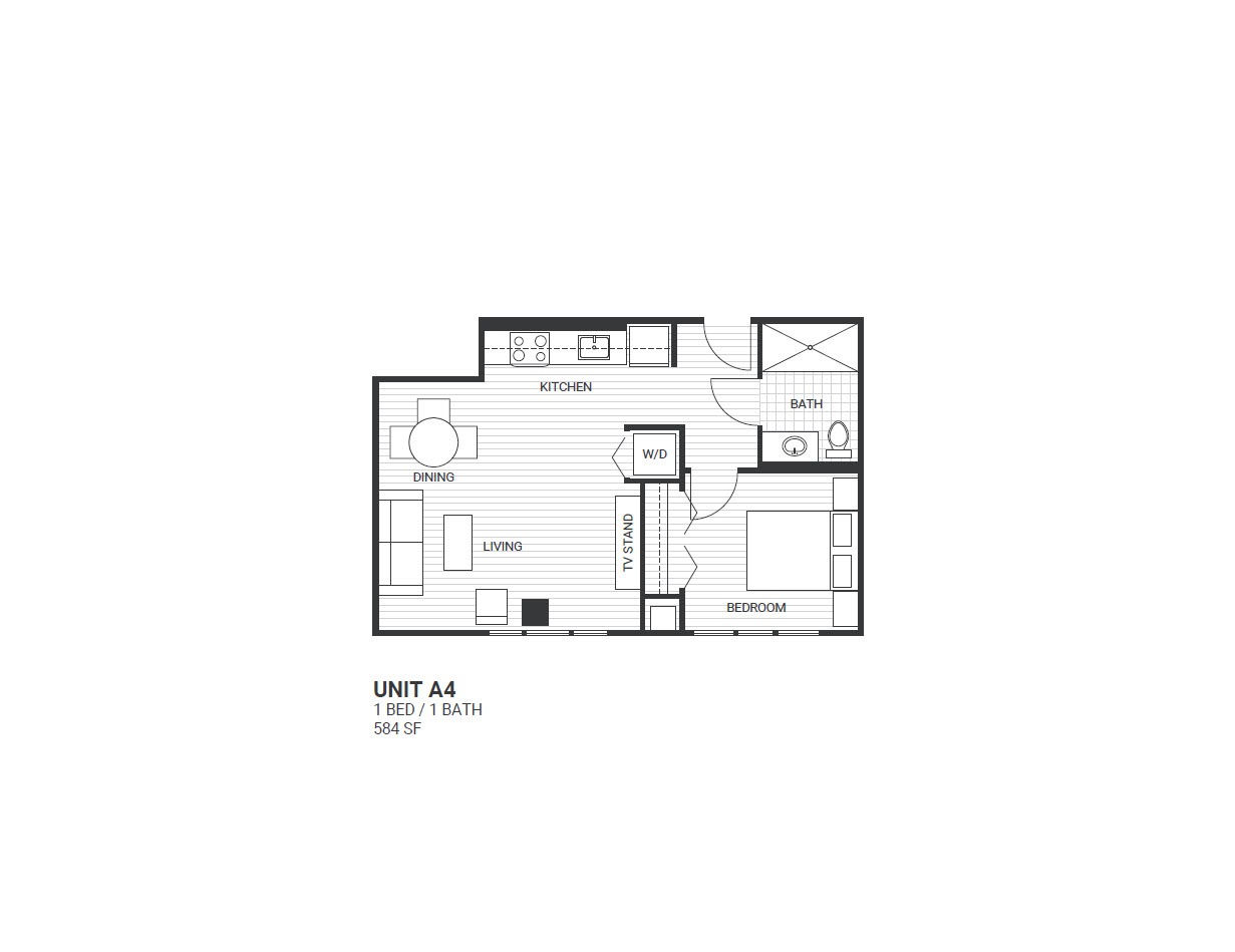 A floor plan of a small apartment with a kitchen, living room, and bathroom.