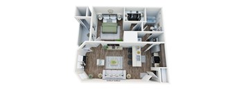 A top-down view of a small apartment with a living room, kitchen, and bedroom.
