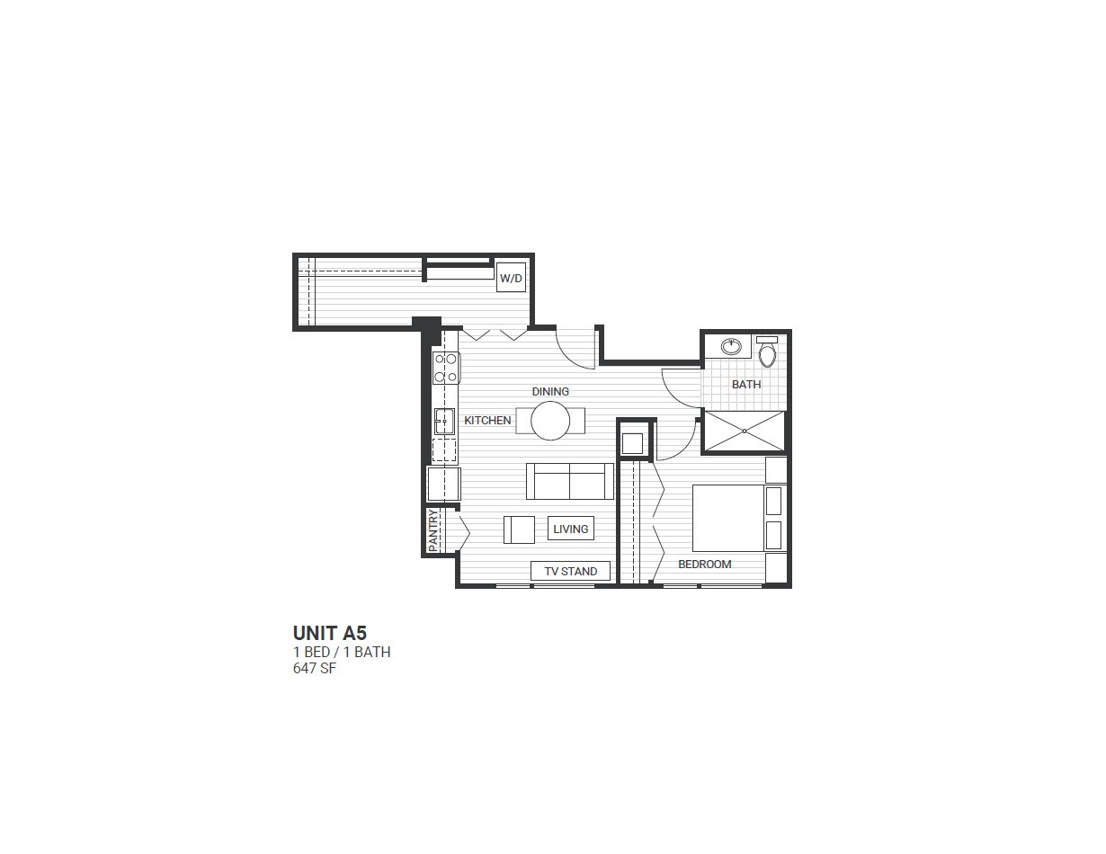 A floor plan of a unit with a kitchen, living room, bedroom, and bathroom.