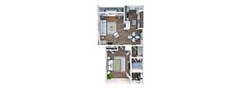 A floor plan of a two-story apartment with a living room, kitchen, and bedrooms.