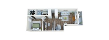 A top-down view of a small apartment with a living room, kitchen, and bedroom.