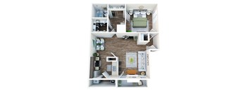 A top down view of a small apartment with a kitchen, living room, and bathroom.