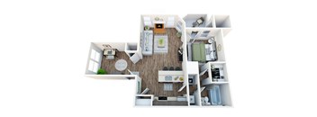 A 3D floor plan of a small apartment with a kitchen, living room, and bedroom.