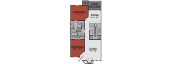 A floor plan of a two bedroom apartment with a living room, dining room, kitchen, and bath.