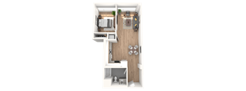 A top-down view of a small apartment with a kitchen, living room, and bedroom.