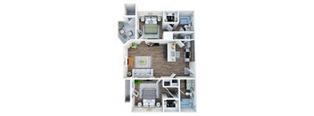 A top-down view of a house layout with a living room, kitchen, dining area, and bedrooms.