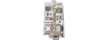 A 3D floor plan of a house with two bedrooms, a living room, a kitchen, and a bathroom.