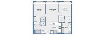 A blueprint of a house layout with a living room, dining room, kitchen, and two bedrooms.
