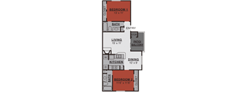 A floor plan of an apartment with two bedrooms, a living room, a kitchen, a dining area, a bathroom, a patio, and a balcony.