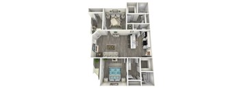 A 3D floor plan of a small apartment with a bedroom, living room, kitchen, and bathroom.