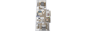 A 3D floor plan of a house showing a living room, kitchen, dining area, and bedrooms.