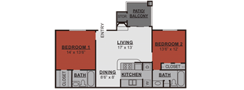 A floor plan of a two bedroom apartment with a living room, dining room, kitchen, and bathrooms.