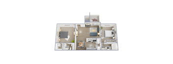 A 3D floor plan of a house with a living room, kitchen, dining room, and two bedrooms.