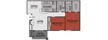 A floor plan of a house with a living room, two bedrooms, a kitchen, a dining room, a patio/balcony, and a storage area.