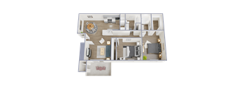 A floor plan of a two-bedroom apartment with a living room, kitchen, and bathroom.