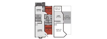 A floor plan of a house with a living room, dining room, kitchen, two bedrooms, a bathroom, a cloakroom, and attic storage.