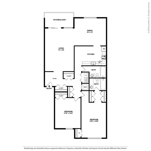 A floor plan of a home with a living room, dining room, kitchen, and two bathrooms.