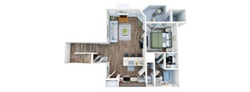 A cutaway diagram of a small apartment with a kitchen, living room, and bathroom.