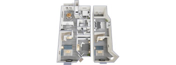 A detailed 3D floor plan of a two-story residential apartment.