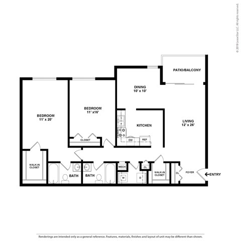 A floor plan of a home with a living room, dining room, kitchen, and two bedrooms.