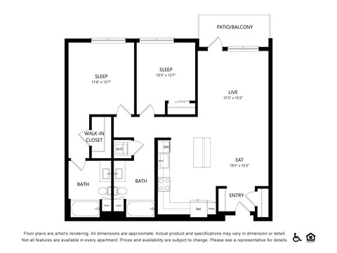 2 bed 2 bath floorplan at Bayview Apartments, California