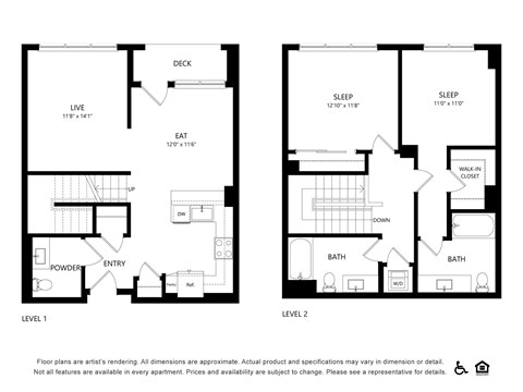 2 bedroom 2.5 bathroom floorplan at Bayview Apartments, Emeryville