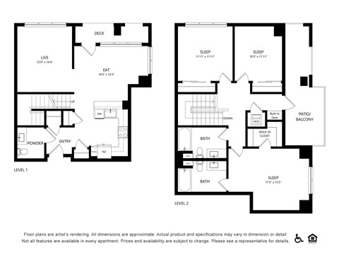 3 bed 2.5 bathroom floorplan at Bayview Apartments, Emeryville, 94608