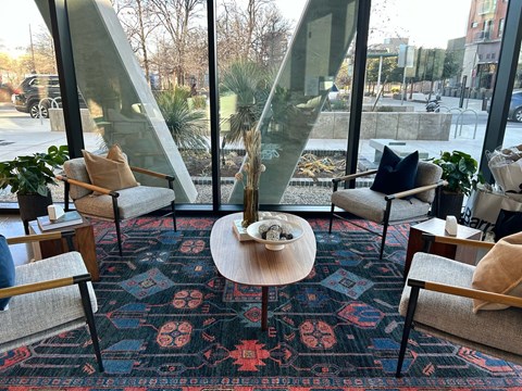 A room with a glass wall and a rug with a floral pattern.