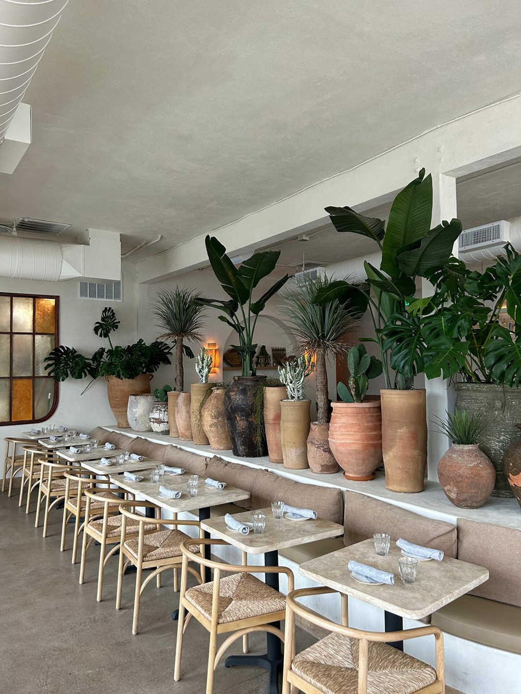 A restaurant with tables and chairs and potted plants on the wall.